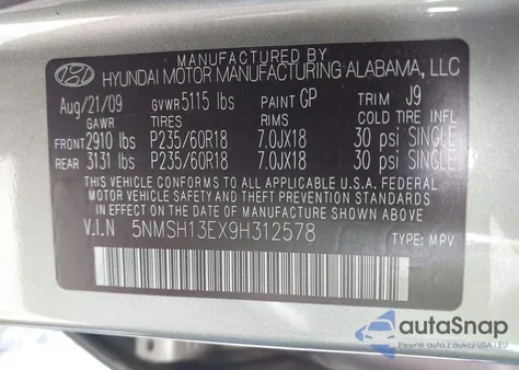 2009 Hyundai Santa Fe Limited from USA, damaged, VIN 5NMSH13EX9H312578